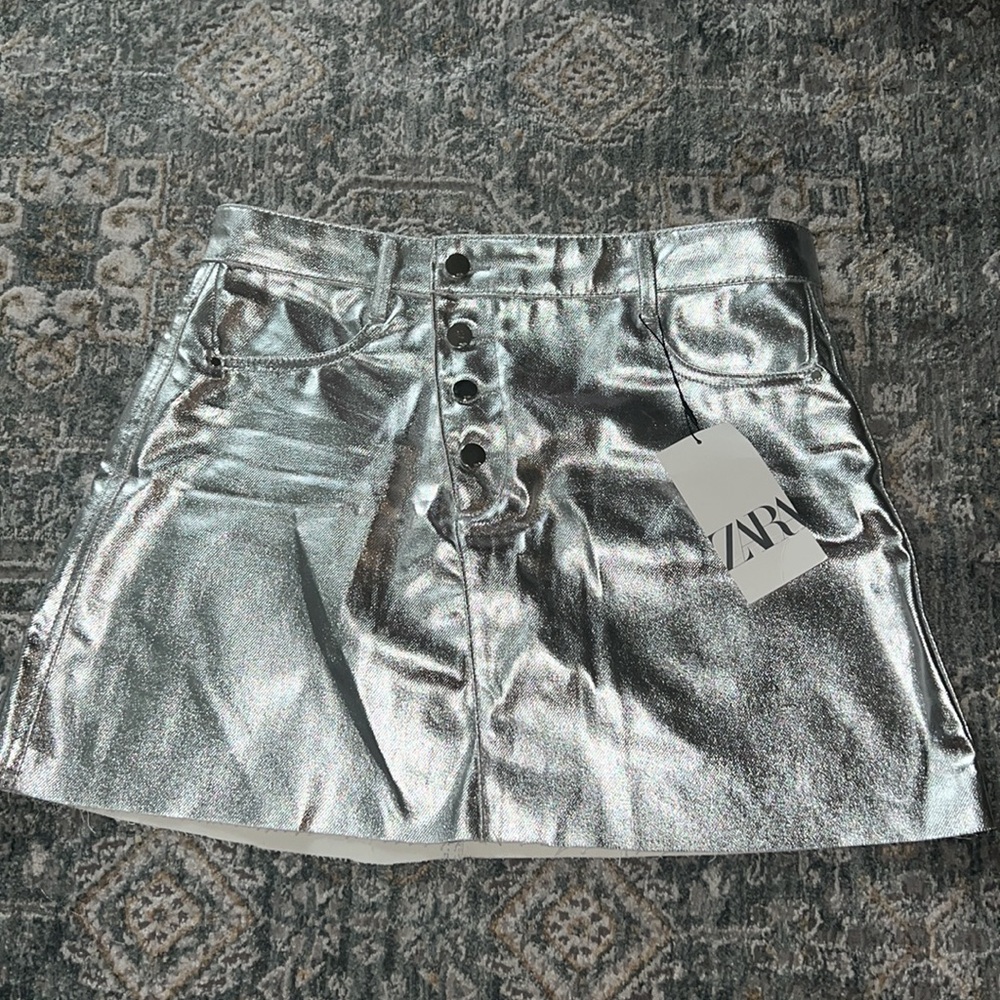 Zara Metallic denim mini skirt